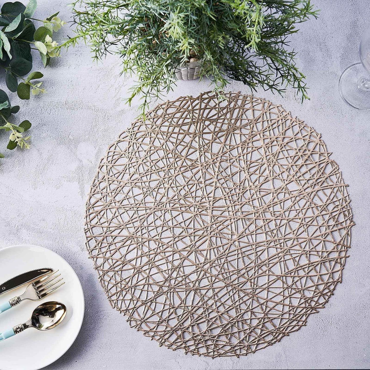 6-Pack Vinyl Placemats Champagne Woven Design - Durable Non-Slip Round Table Mats for Dining 15"