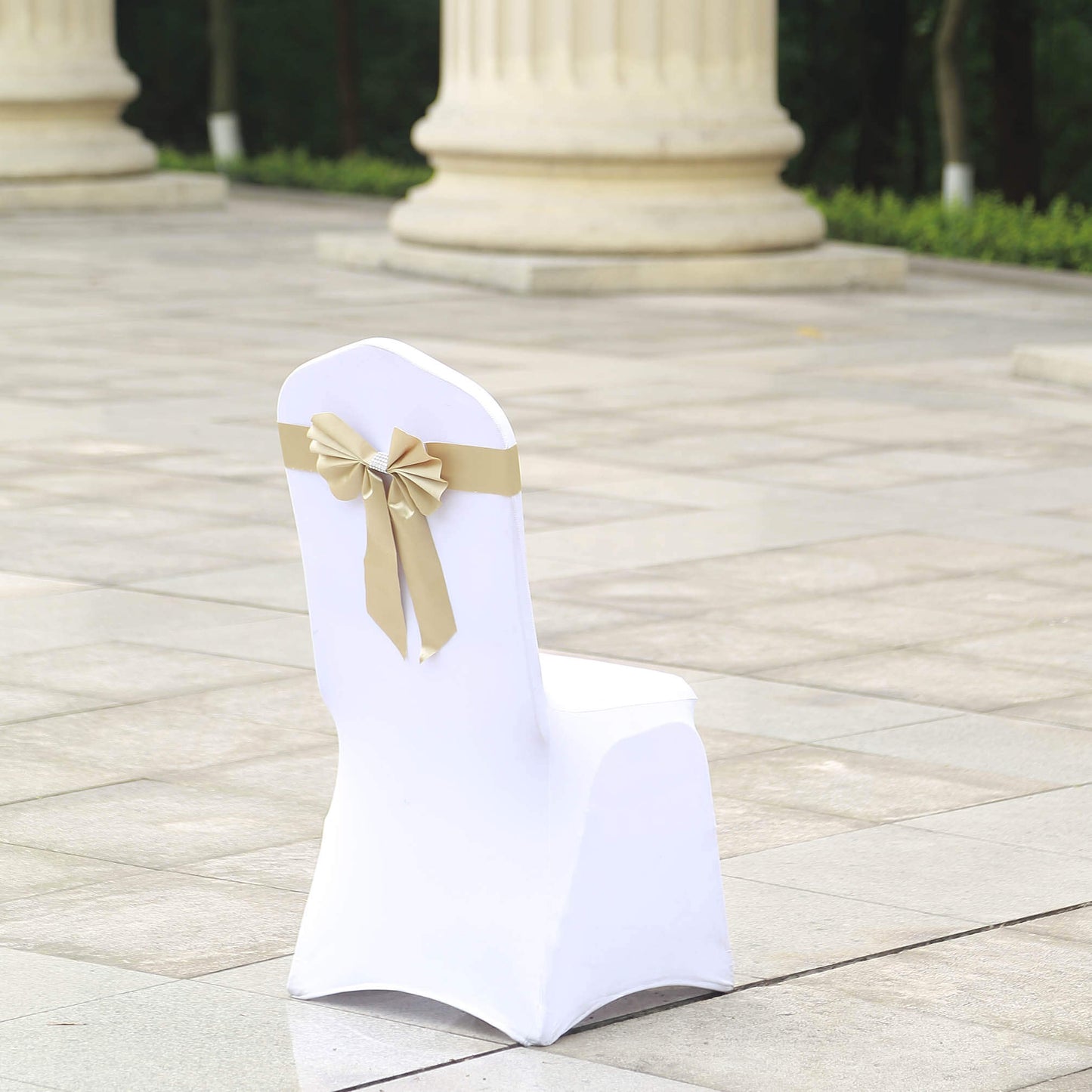 5 Pack Satin Faux Leather Chair Sashes Champagne - Durable Double Sided Pre-tied Bow Tie Chair Bands with Diamond Rhinestone Buckles