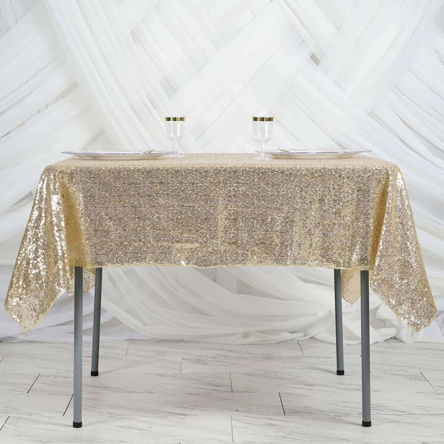 Sequin 60"x60" Table Overlay Square Tablecloth Champagne - Luxe Wedding Table Topper