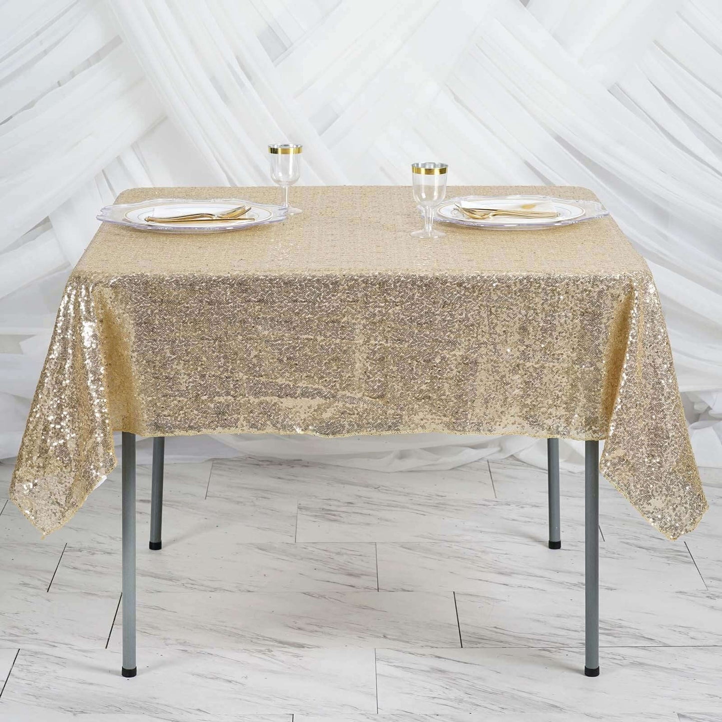 Sequin 60"x60" Table Overlay Square Tablecloth Champagne - Luxe Wedding Table Topper