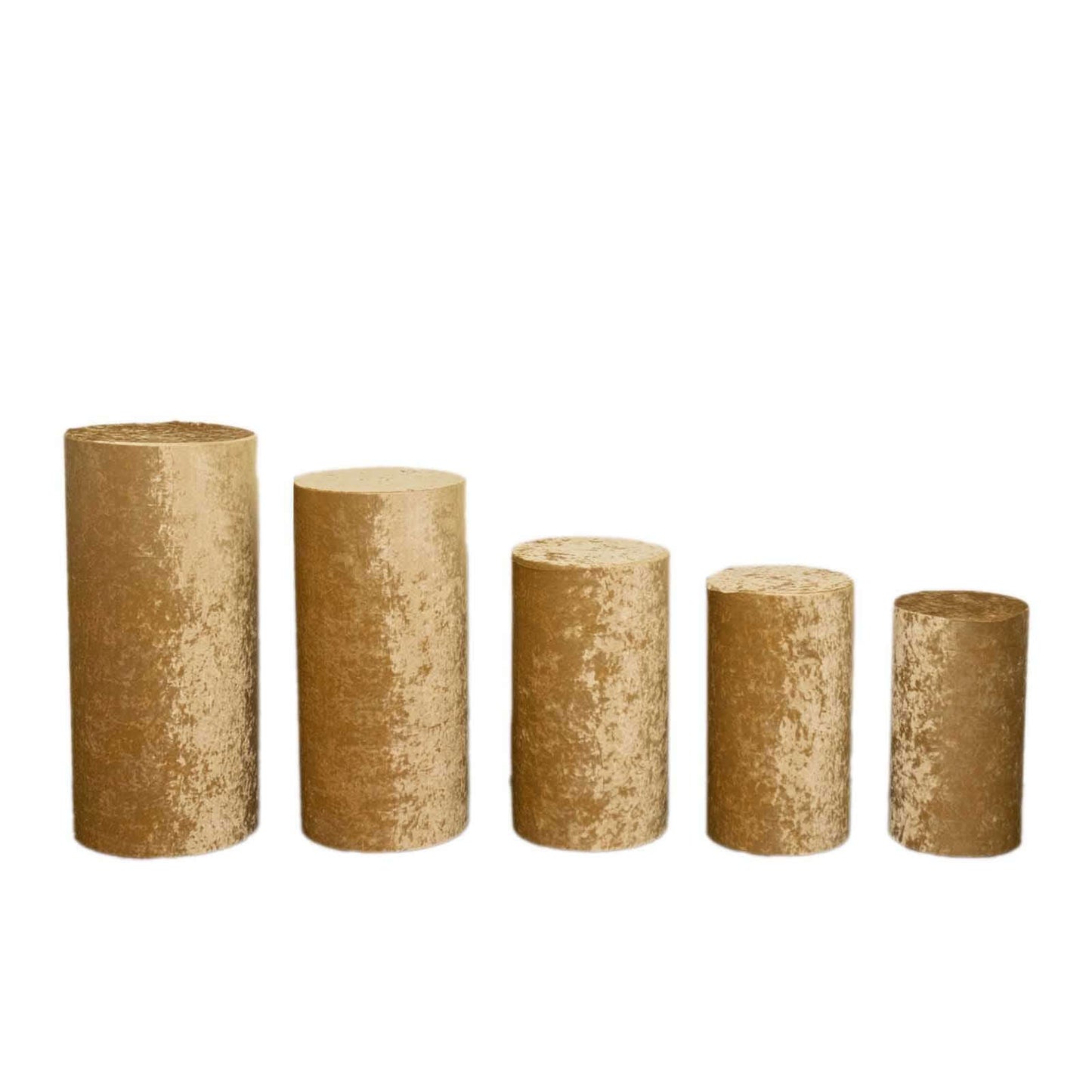 Set of 5 Champagne Crushed Velvet Cylinder Pedestal Stand Covers, Premium Pillar Prop Covers