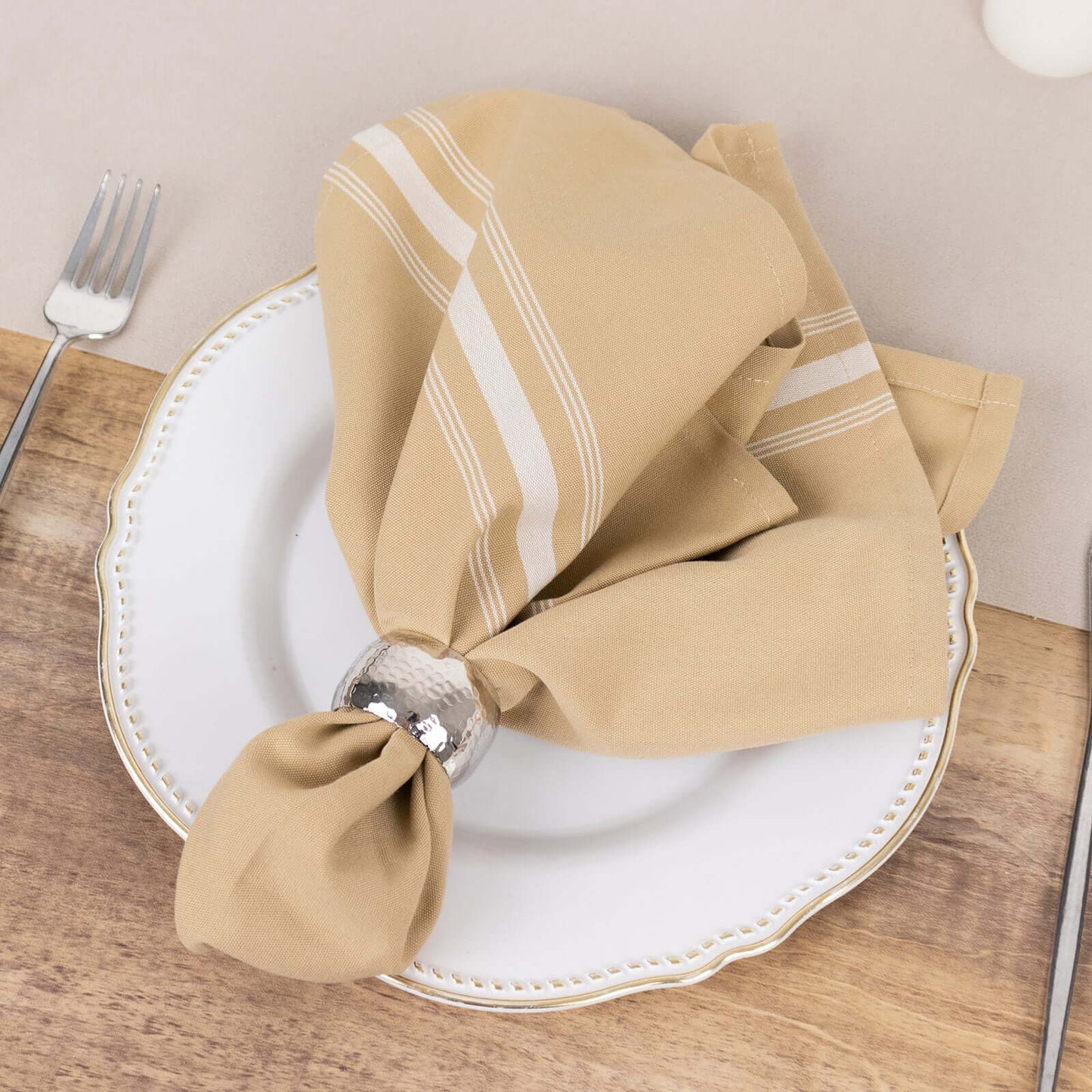 10 Pack Premium Spun Polyester 18"x22" Napkins Champagne/White Bistro Style - Highly Absorbent Cotton-Like Feel Cloth Napkins