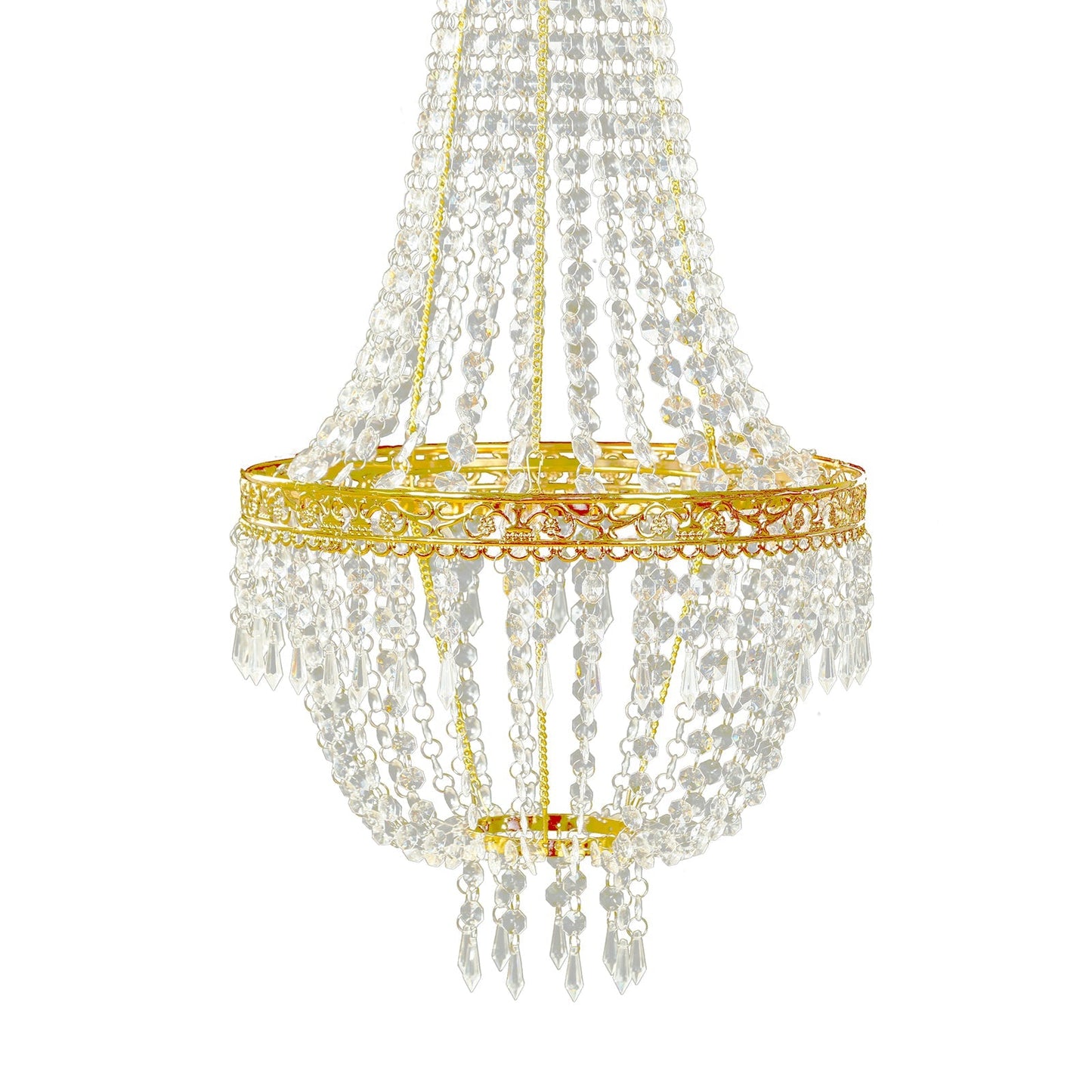 5ft Empire Style Beaded Crystal Chandelier with Gold Ornate Metal Frame, Adjustable Hanging Farmhouse Pendant Ceiling Lighting