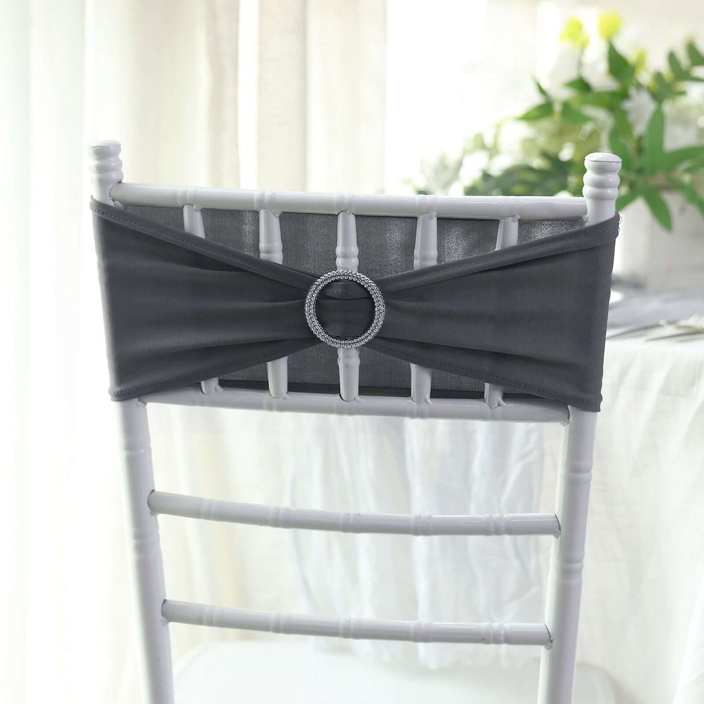 5 Pack Stretch Spandex Chair Sashes Charcoal Gray - Reusable Chair Bands with Silver Diamond Ring Slide Buckle 5"x14"