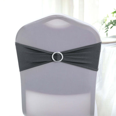 5 Pack Stretch Spandex Chair Sashes Charcoal Gray - Reusable Chair Bands with Silver Diamond Ring Slide Buckle 5"x14"