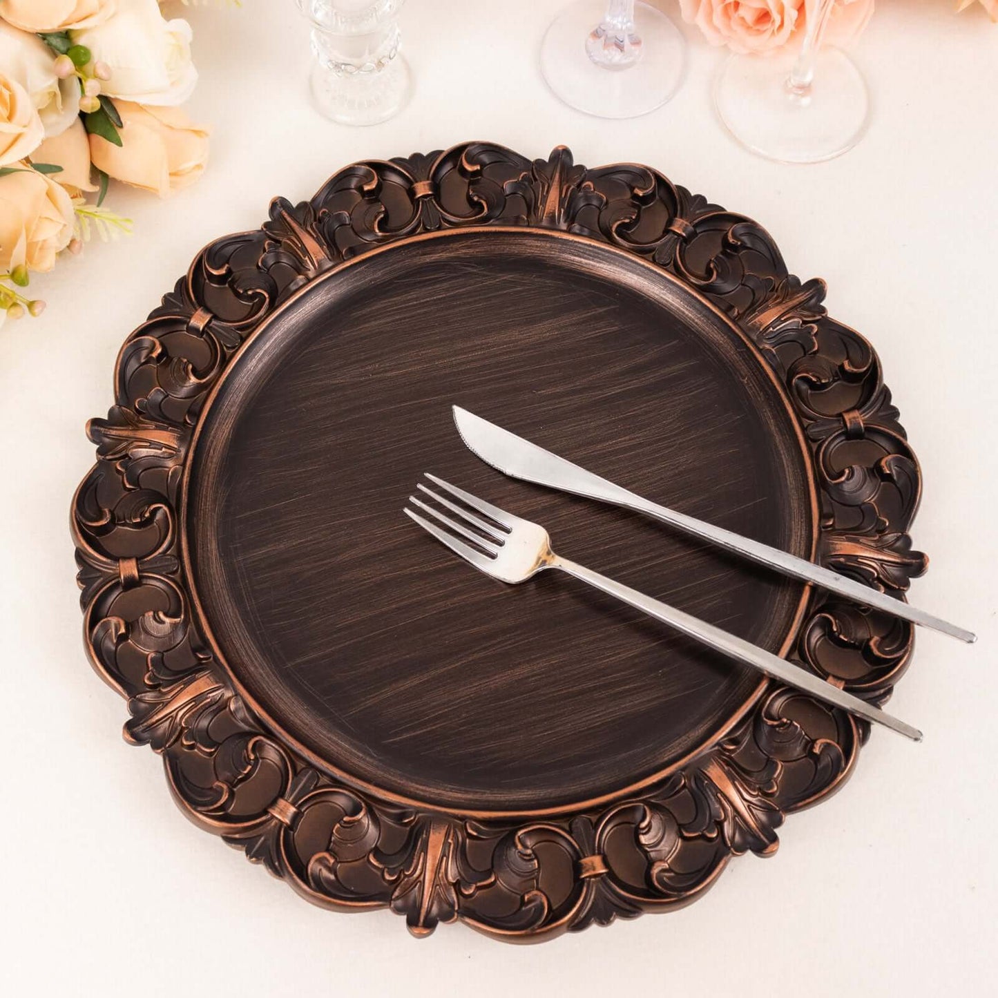 6-Pack Acrylic Round Charger Plates 13" in Dark Brown with Aristocrat Retro Baroque Rim, Ornate Plastic Decorative Chargers