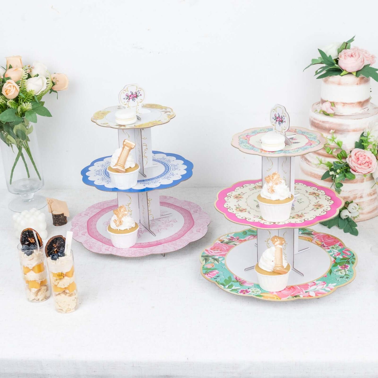 2-Pack Cardboard Round Cupcake Stand Assorted Floral Design - 3-Tier Reusable Dessert Display Pedestal With Scalloped Edges for Garden-Themed Celebrations 14"