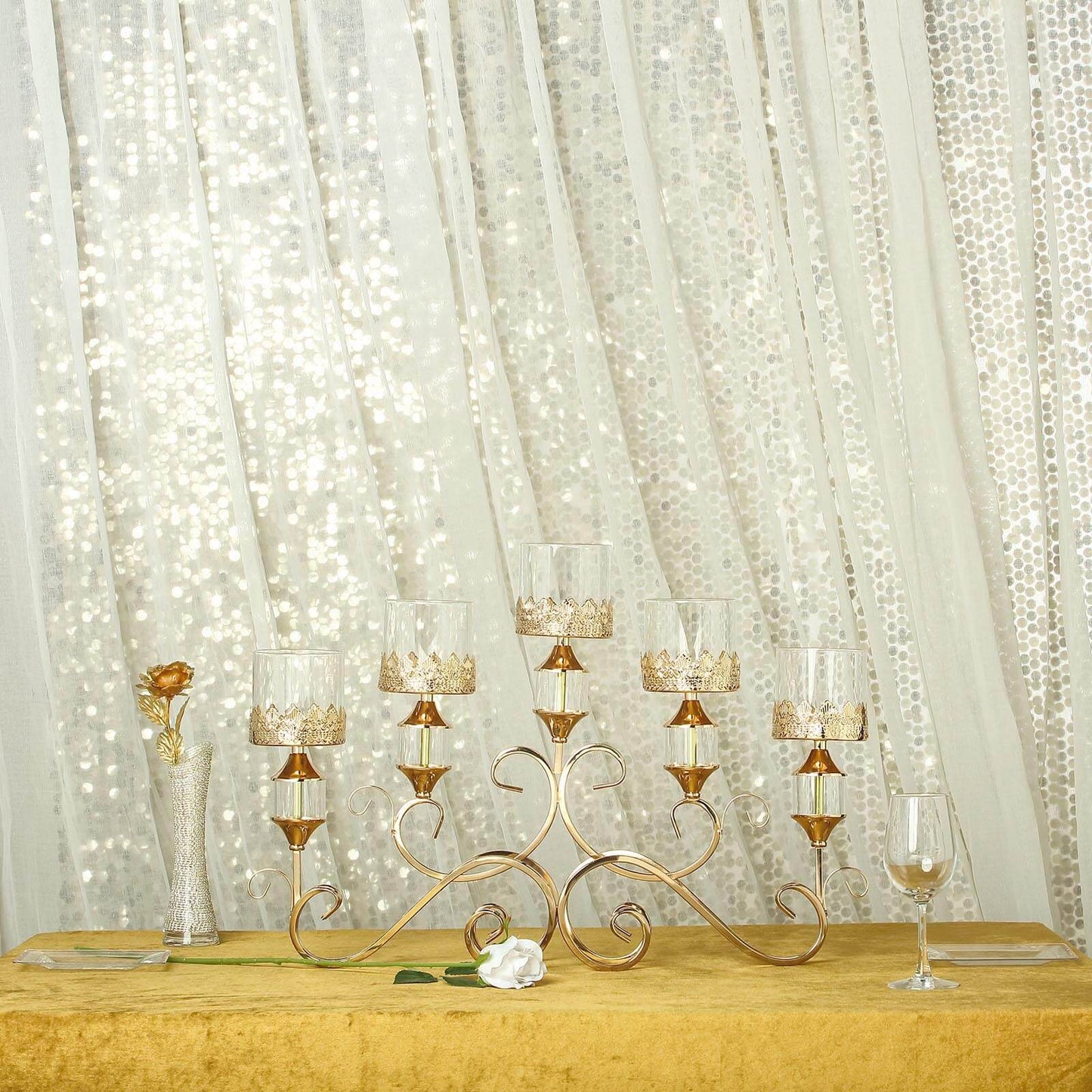 5-Arm Metal Table Candelabra Antique Gold Crown Top Design - Stylish Horizontal Table Centerpiece with Glass Votive Holders 18"