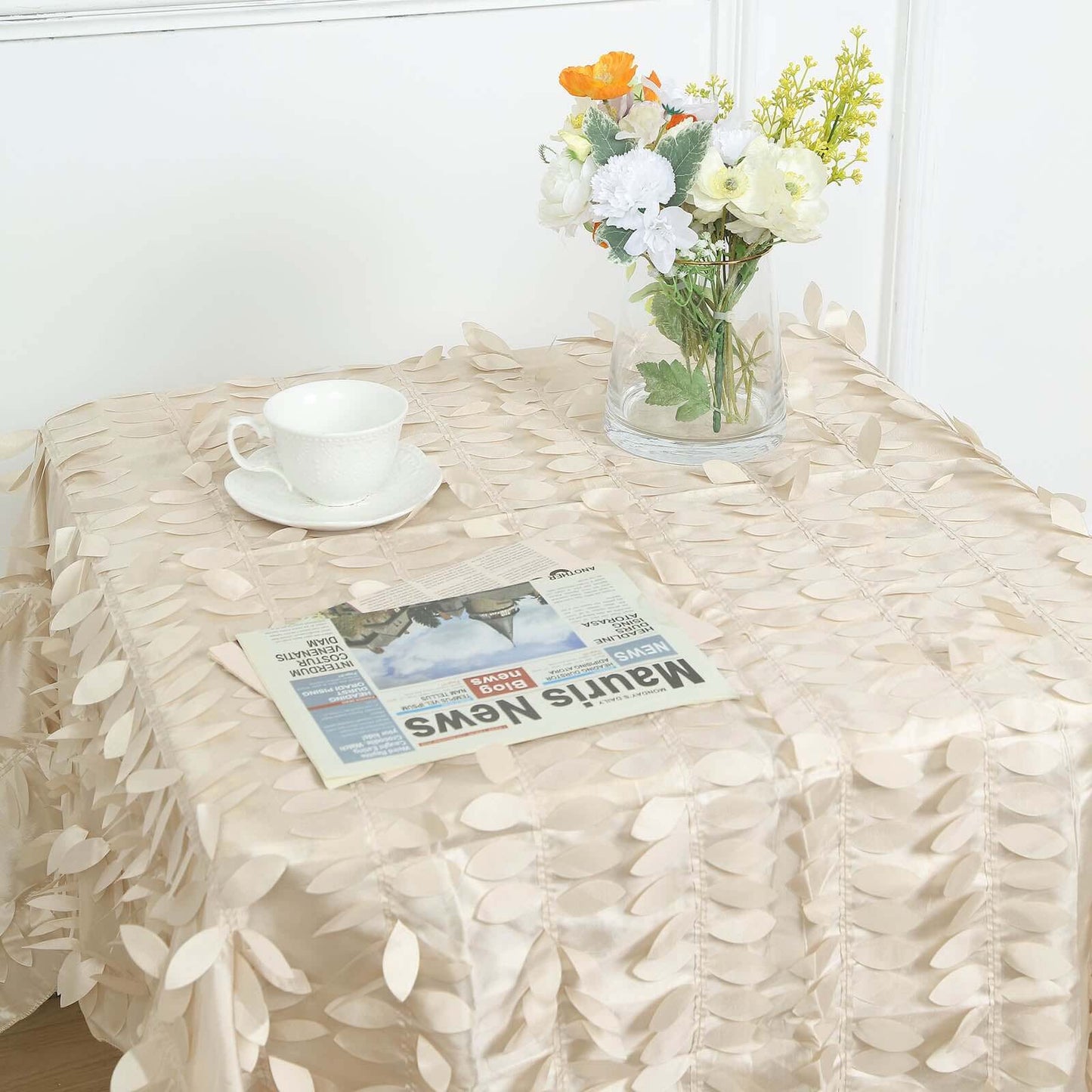 Taffeta 54"x54" Square Tablecloth Beige 3D Leaf Petal Table Cover