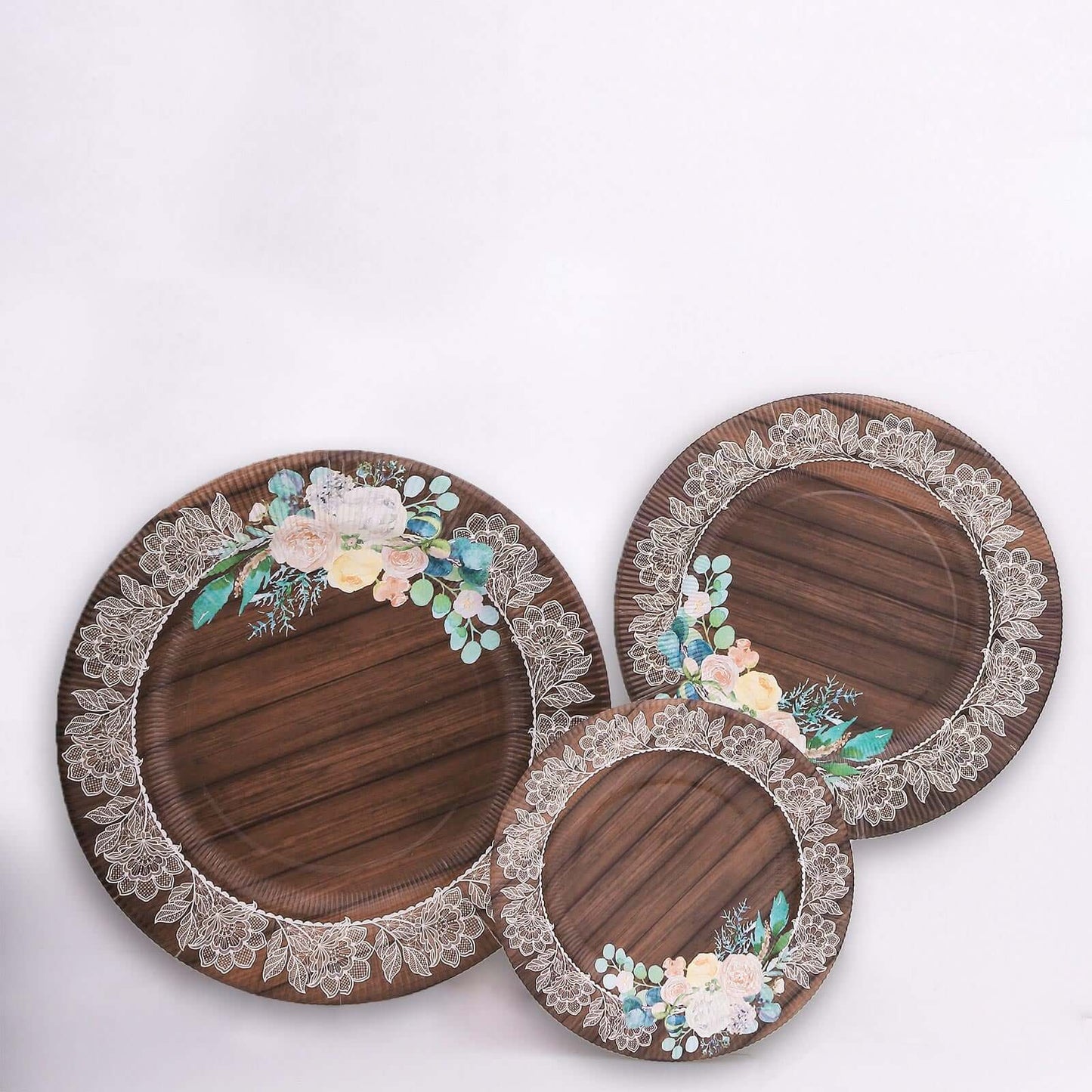 25-Pack Paper 10" Round Dinner Plates in Brown Wood Print with Floral Lace Rim - Disposable Party Plates for Farmhouse Weddings & Rustic Themes