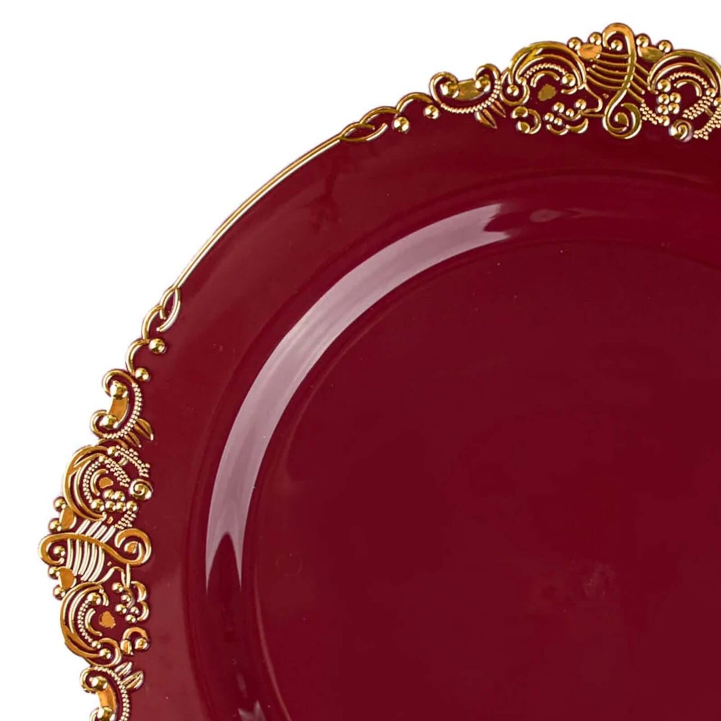 10-Pack Plastic 8" Round Dessert Plates in Burgundy with Gold Leaf Embossed Rim for Gatherings & Events