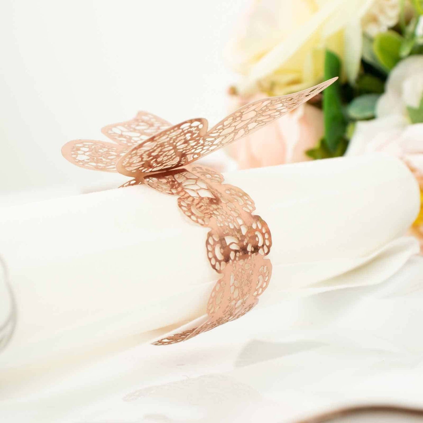 12-Pack Paper Napkin Rings Laser Cut Butterfly Metallic Rose Gold - Decorative Serviette Holders