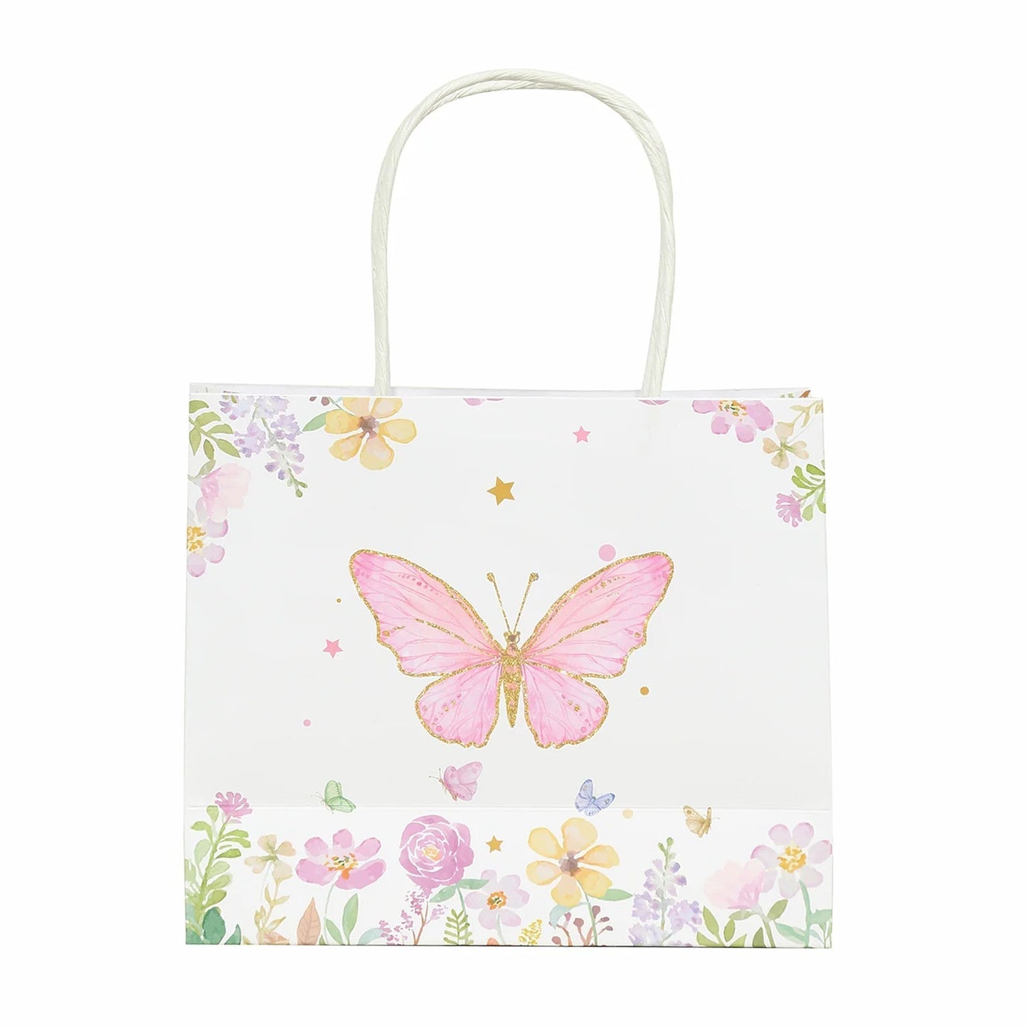 12 Pack Pink Glitter Butterfly Paper Favor Bags with Handles, Floral Print White Goodie Gift Bags - 6"x7"