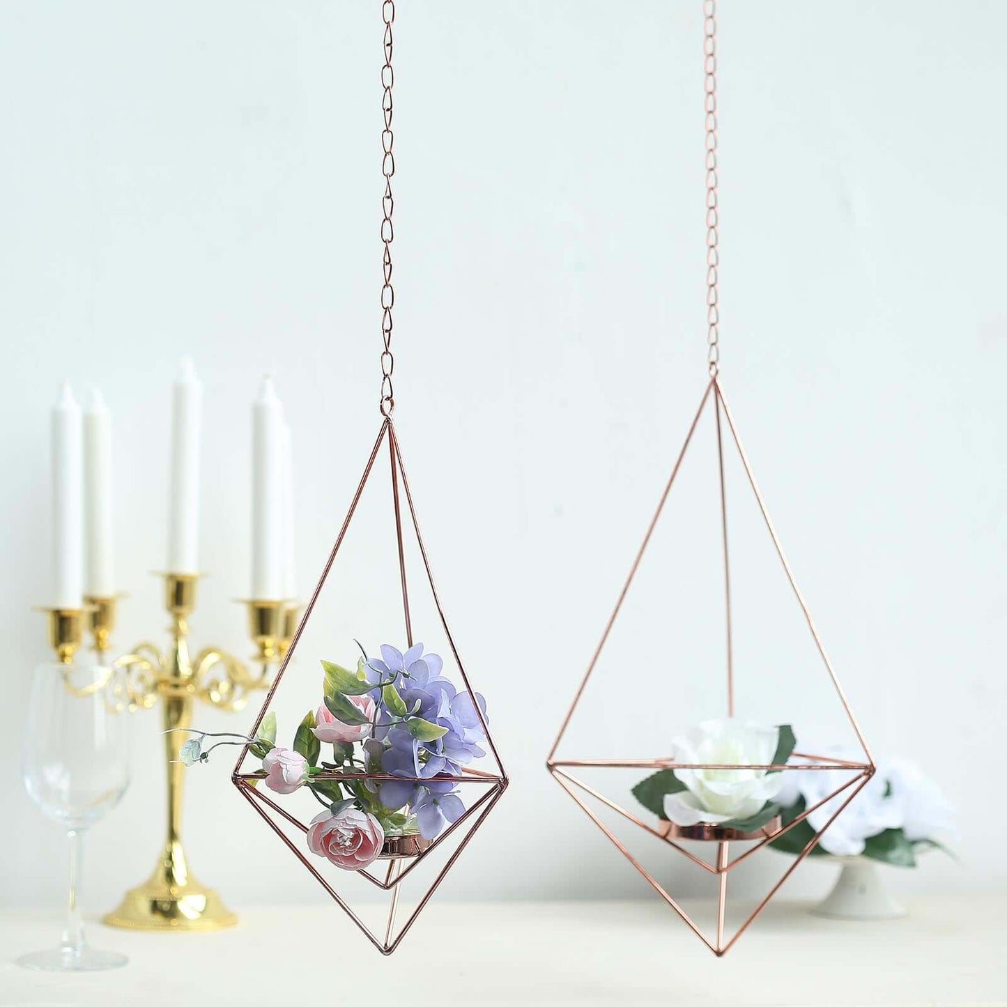 Set of 2 Hanging Tealight Candle Holders Rose Gold Metal Diamond Geometric Open Frame - Flower Terrariums 12", 15"