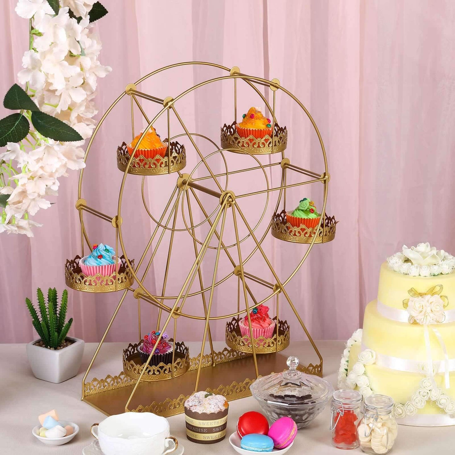 Metal Ferris Wheel Cupcake Holder Gold - Large Decorative Rotating Dessert Display Stand for Carnival-Themed Events Baby Showers & Weddings 23"