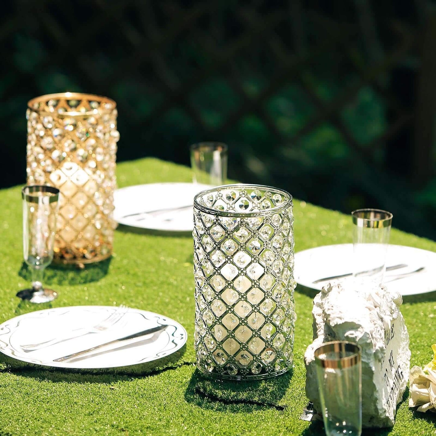 2-Pack Metal Crystal Beaded Pillar Holders Metallic Silver - Versatile Stem Vase Set for Decor 9"