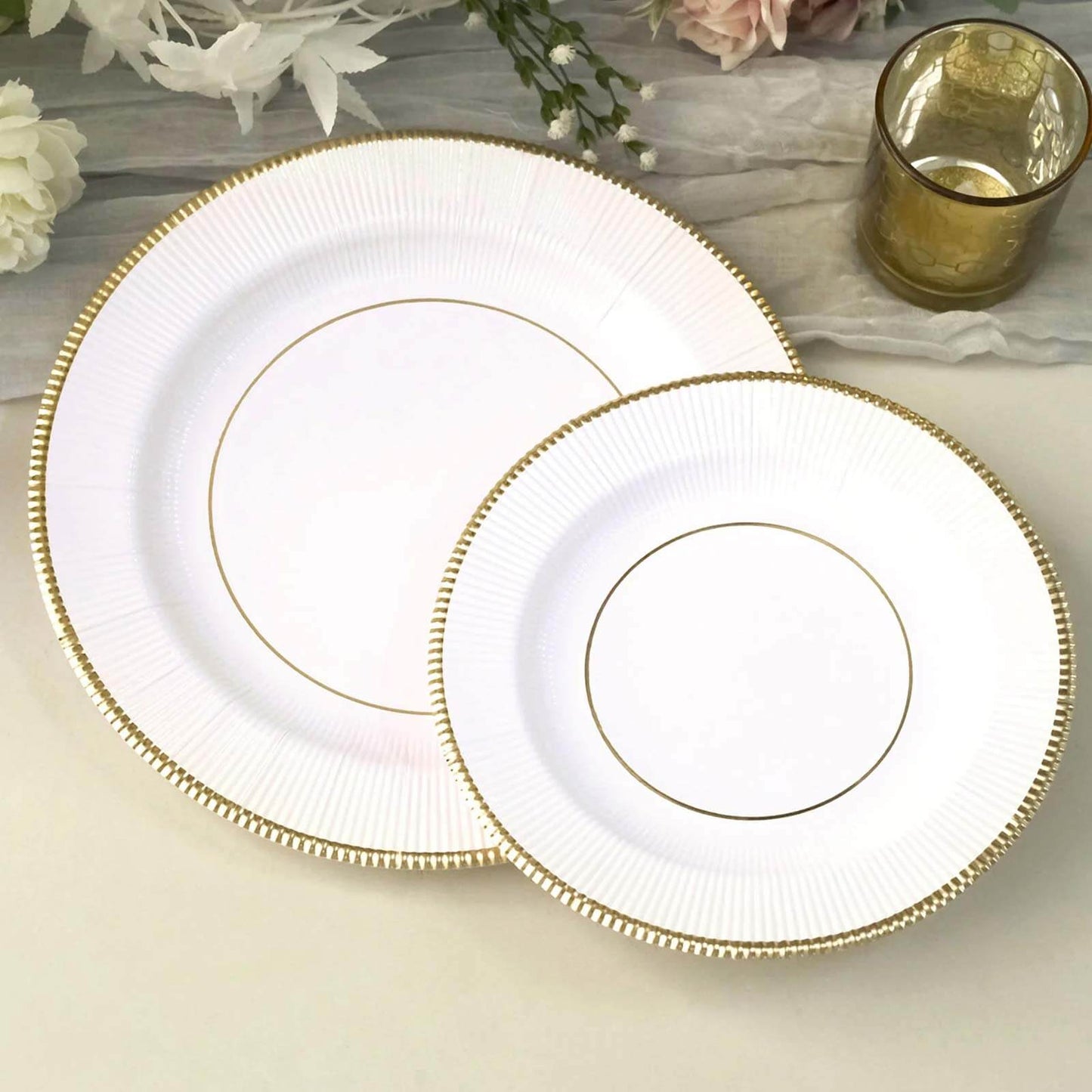 25-Pack Paper 8" Round Dessert Plates in White Sunray Design with Gold Rim - Disposable Heavy Duty 350GSM Appetizer Salad Plates for Banquets & Celebrations