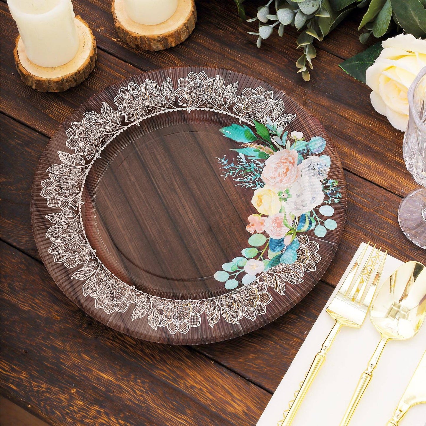25-Pack Paper 8" Round Dessert Plates in Brown Wood Print with Floral Lace Rim - Disposable Salad Appetizer Plates for Farmhouse Events & Rustic Themes