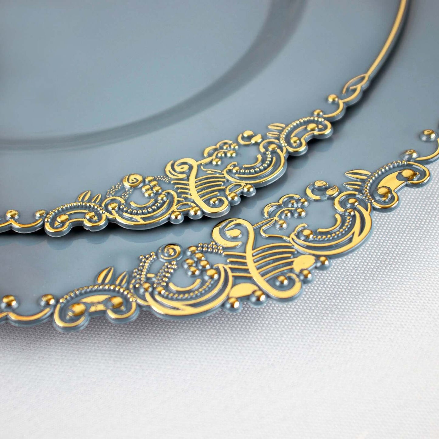10-Pack Plastic 8" Round Dessert Plates in Dusty Blue with Gold Leaf Embossed Rim - Disposable Vintage Baroque Style Salad Plates