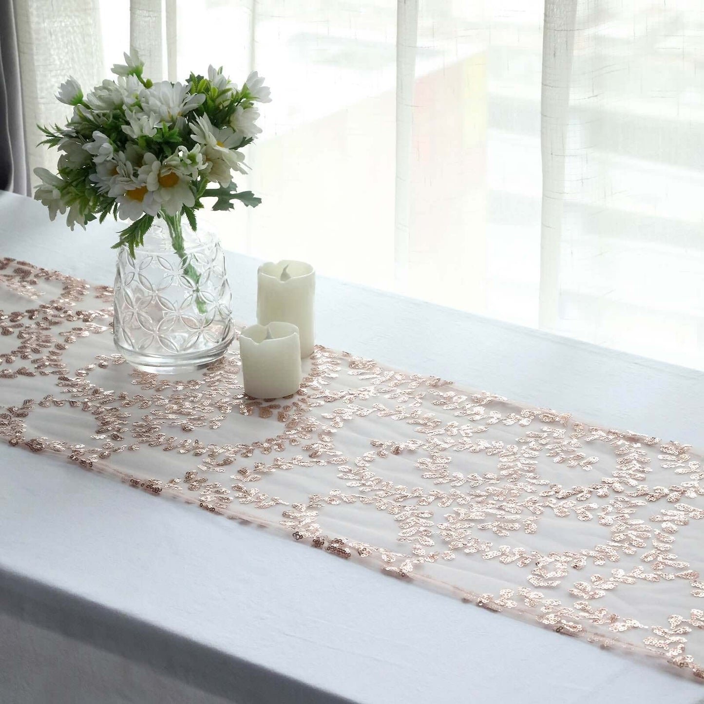 Mesh 12"x108" Table Runner Rose Gold - Leaf Vine Embroidery