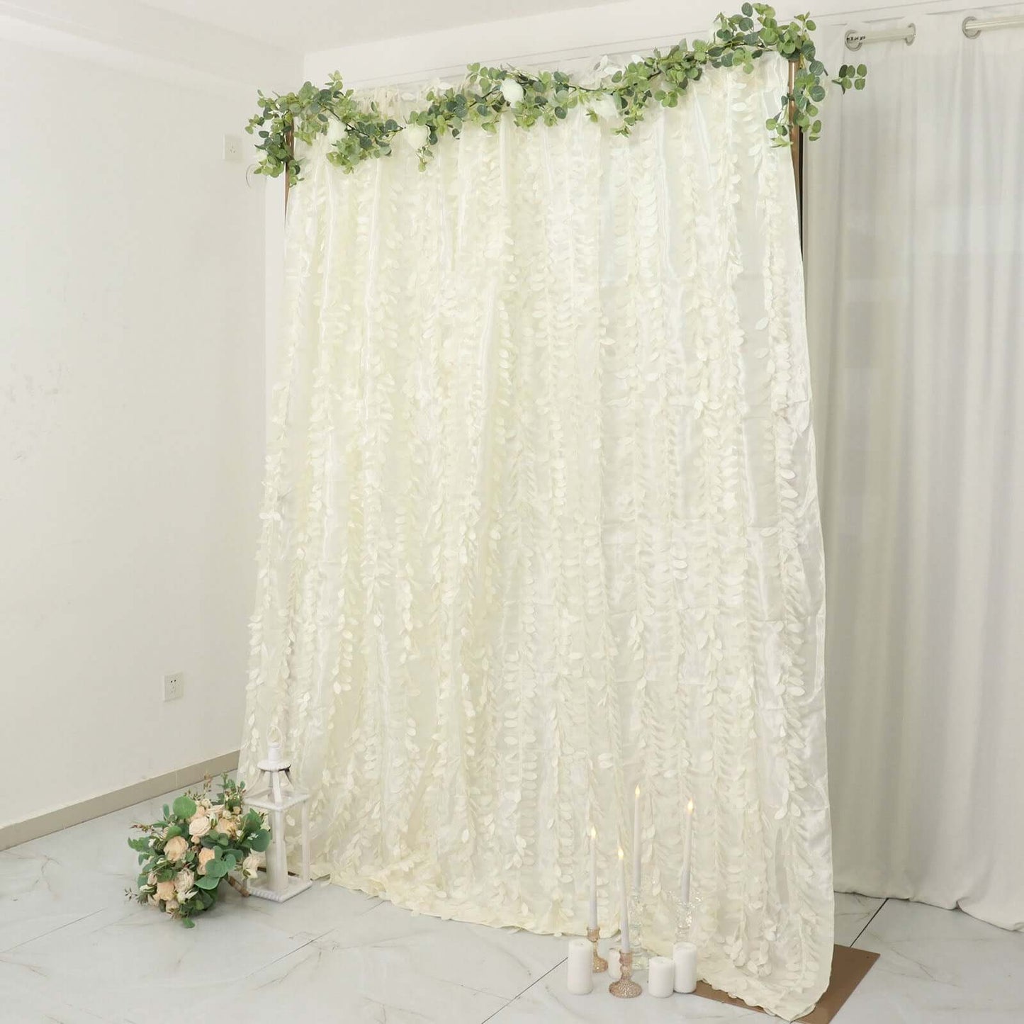 8ftx8ft Ivory 3D Leaf Petal Taffeta Event Curtain Drapes, Backdrop Event Panel With Rod Pocket