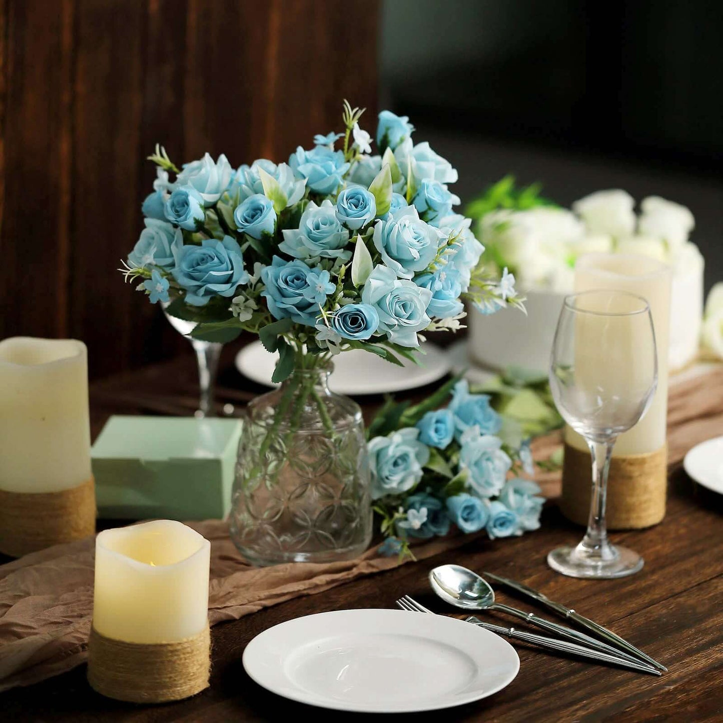 4 Bushes 12" Dusty Blue Real Touch Artificial Silk Rose Flower Bouquet, Faux Bridal Flowers