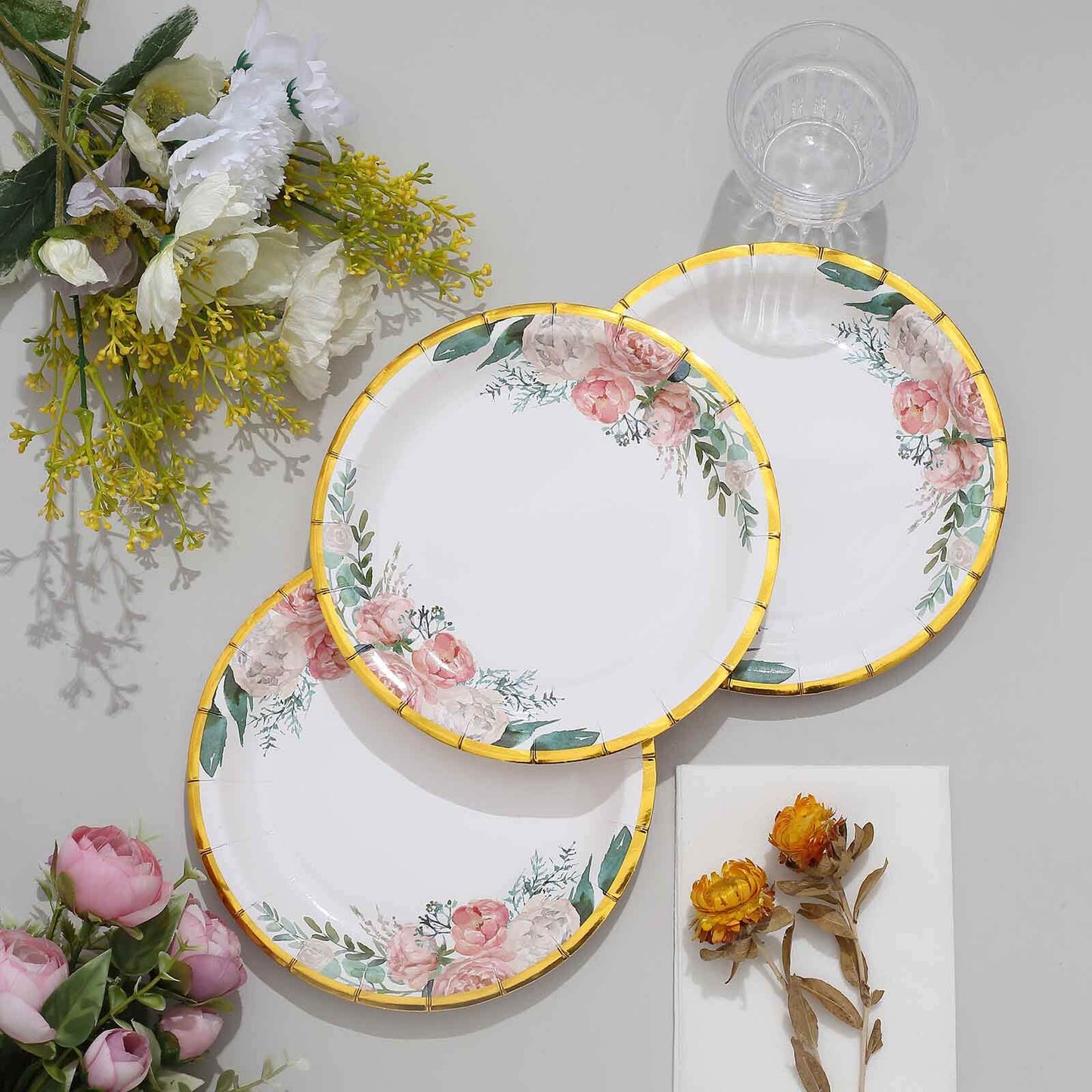 25-Pack Paper 7" Round Dessert Plates in White with Peony Floral Design & Gold Rim - Disposable Floral Salad Appetizer Plates for Brunches & Afternoon Teas
