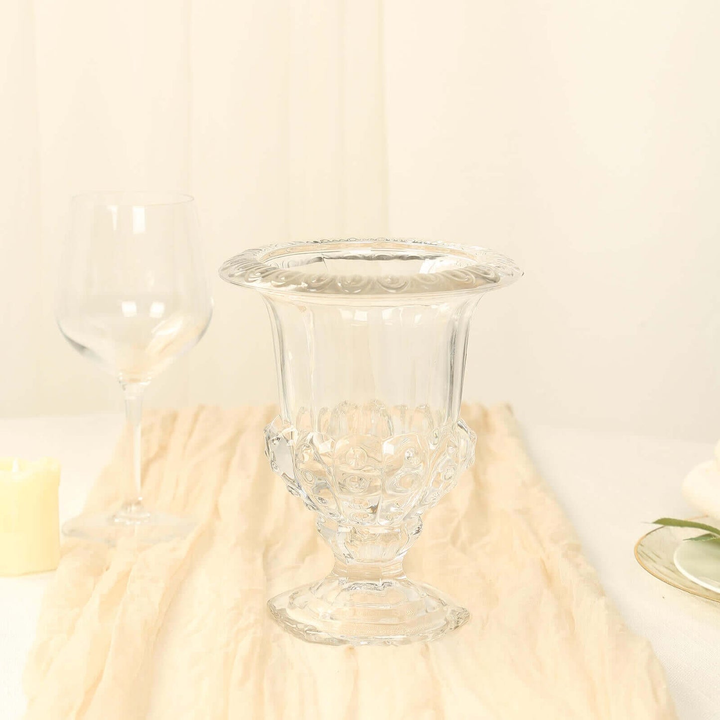 2-Pack Glass Mini Pedestal Flower Vases in Classic Roman Urn Style Clear - Sophisticated Wedding Table Centerpieces 6"