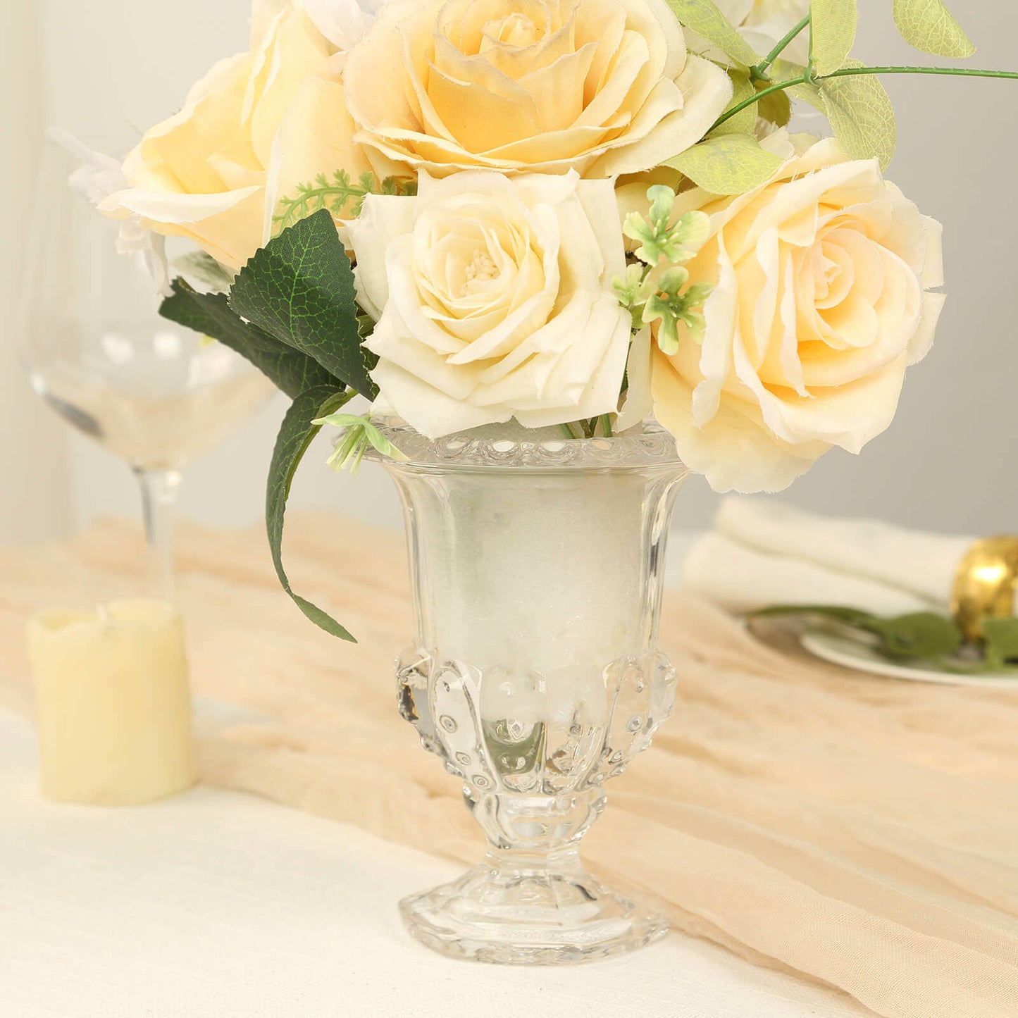 2-Pack Glass Mini Pedestal Flower Vases in Classic Roman Urn Style Clear - Sophisticated Wedding Table Centerpieces 8"