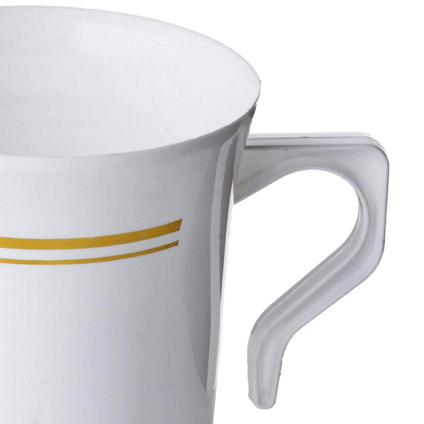 8-Pack Plastic Coffee Mugs White with Gold Stripes - Sturdy Disposable Cups for Coffee and Tea 8oz 4"