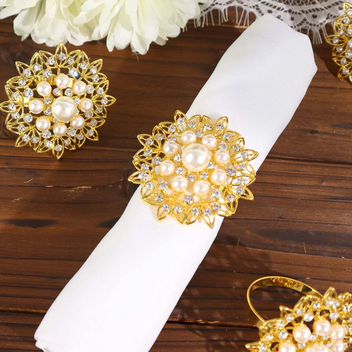 4 Pack Pearl And Diamond Rhinestone Flower Gold Metal Napkin Rings, Decorative Napkin Buckle Holders