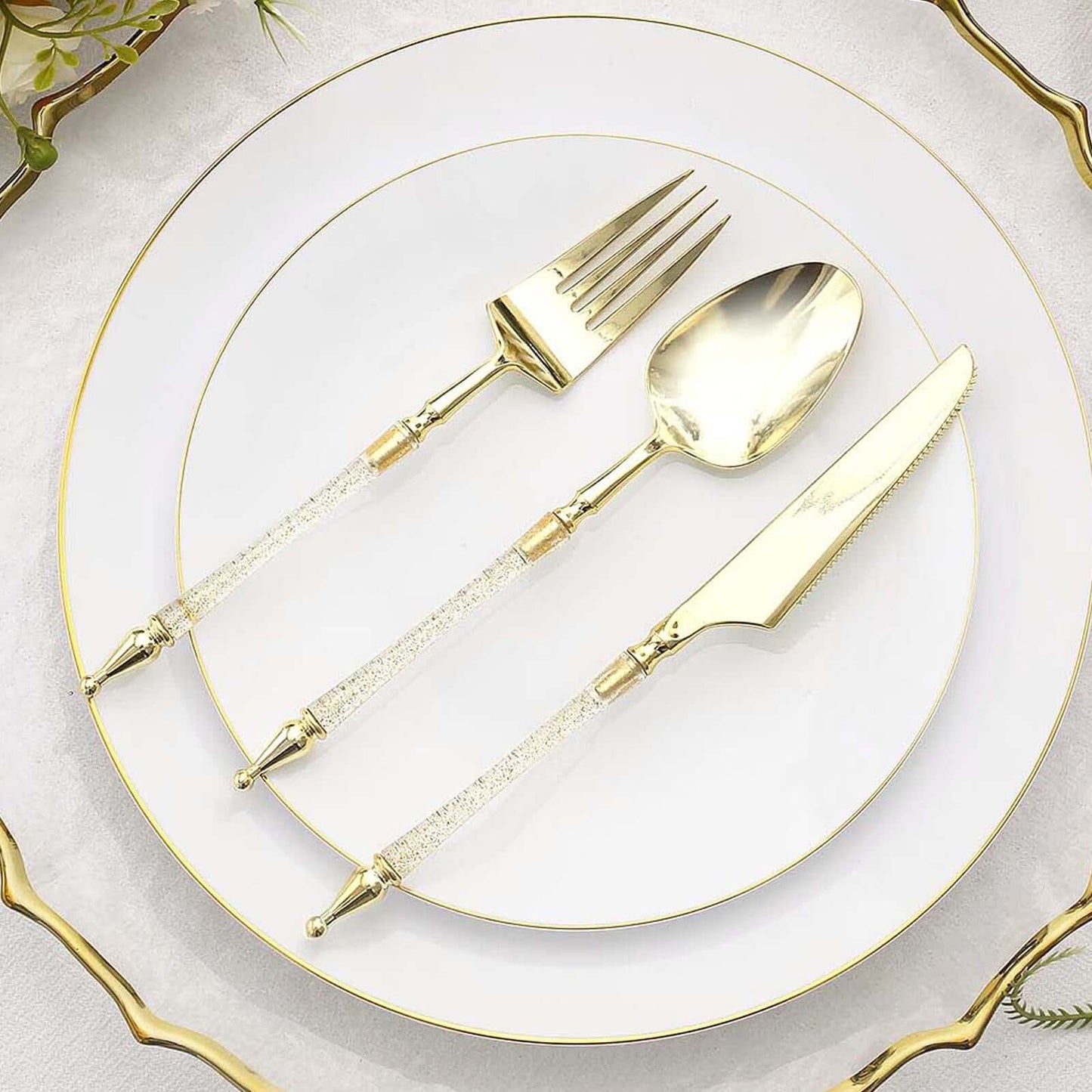 24-Pack Plastic Utensil Set with Roman Column Handle Gold/Clear - Glittered Disposable Silverware