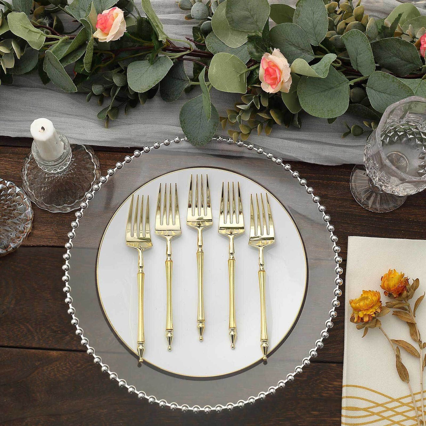 24-Pack Plastic Dessert Forks with Roman Column Handle Gold - European Style Disposable Utensils 6"