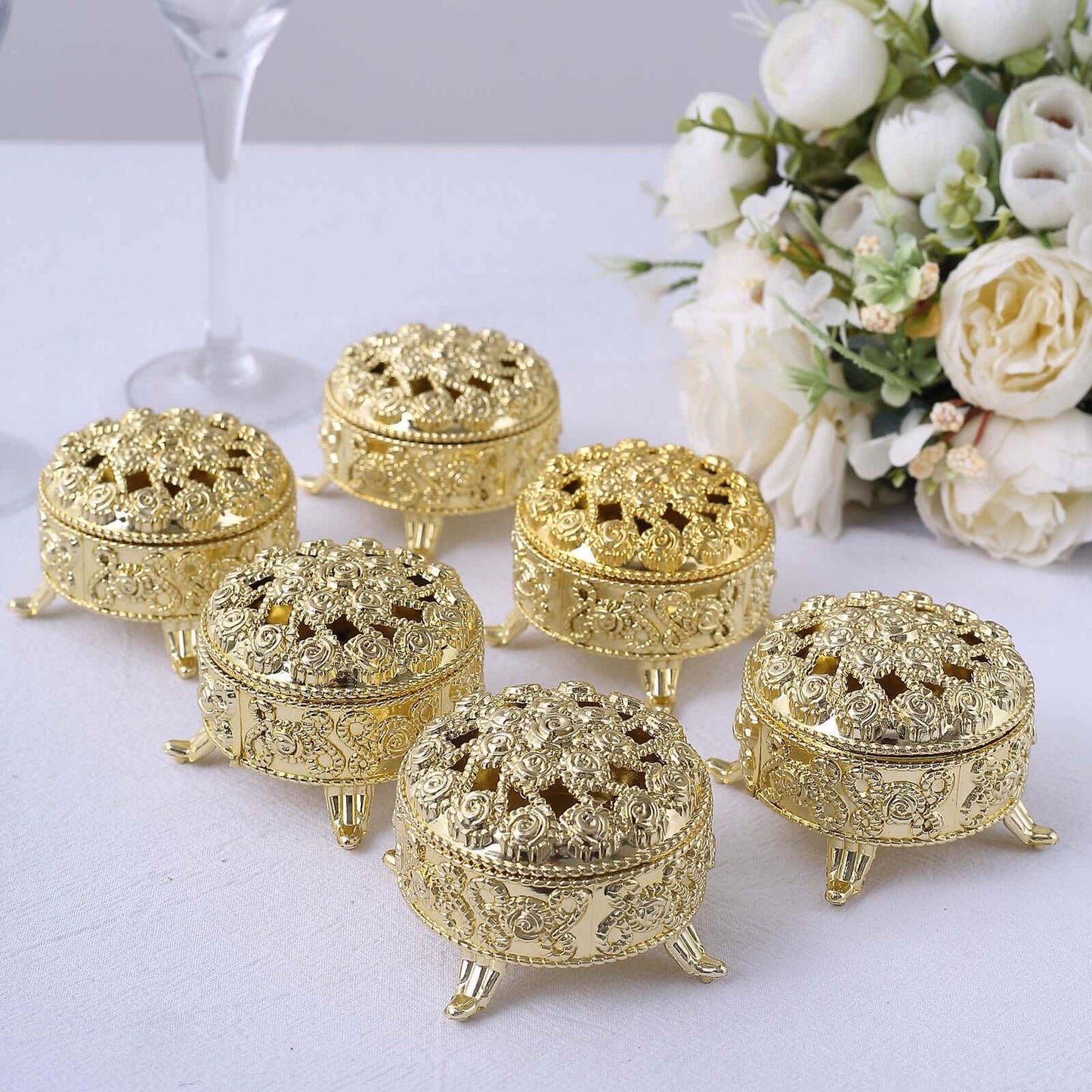 12-Pack Plastic Fillable Mini Candy Container in Vintage Ornate Round Box Style Metallic Gold - Candy Treat Favor Boxes 2.5"