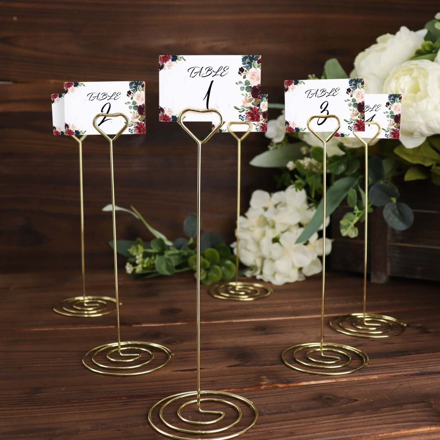 10-Pack Metal Card Holder Stands Heart Design Gold - Table Number Stands and Wedding Place Card Menu Clips 8"