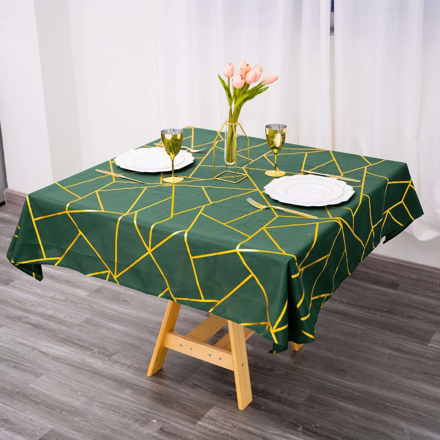 Polyester 54"x54" Table Overlay Square Tablecloth Hunter Emerald Green with Gold Foil Geometric Pattern - Wrinkle-Resistant & Durable Table Topper