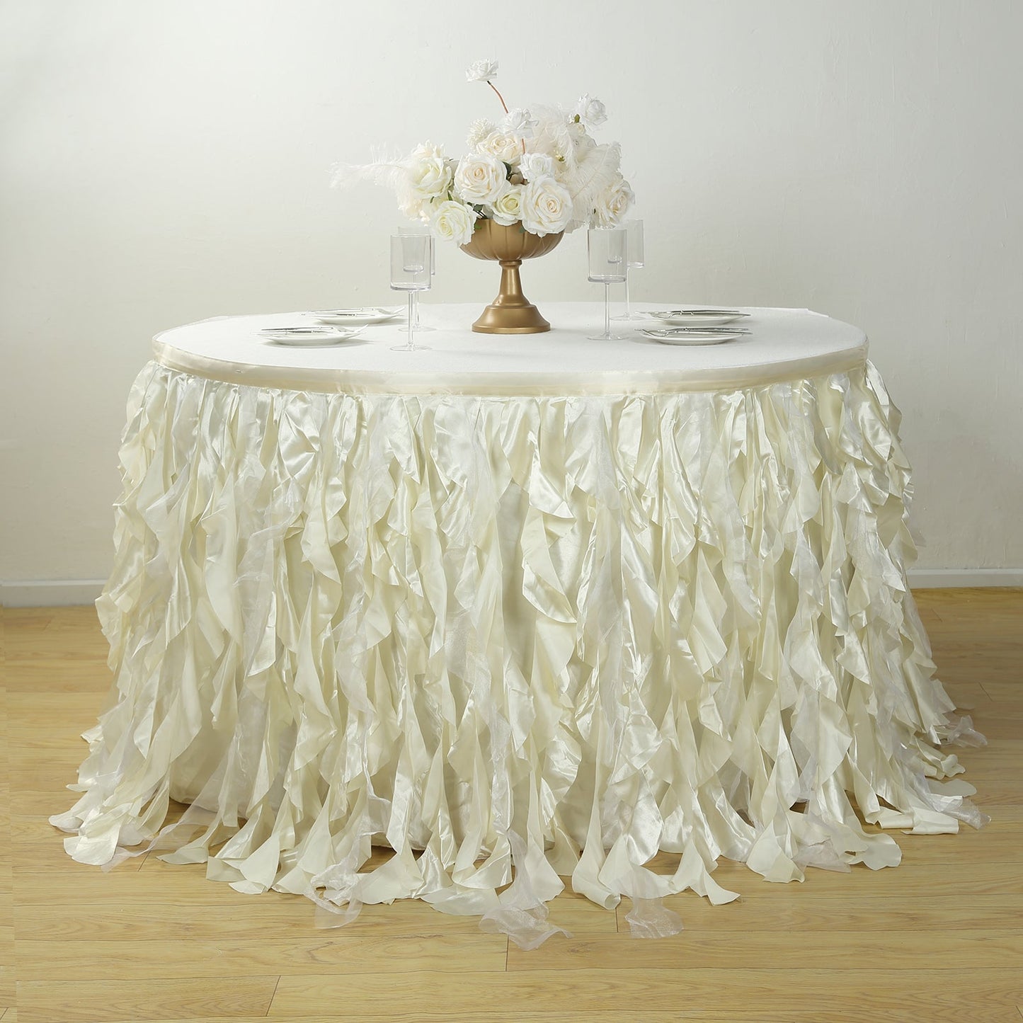 Taffeta 17ft Table Skirt Ivory - Cascading Curly Willow Style Table Cover