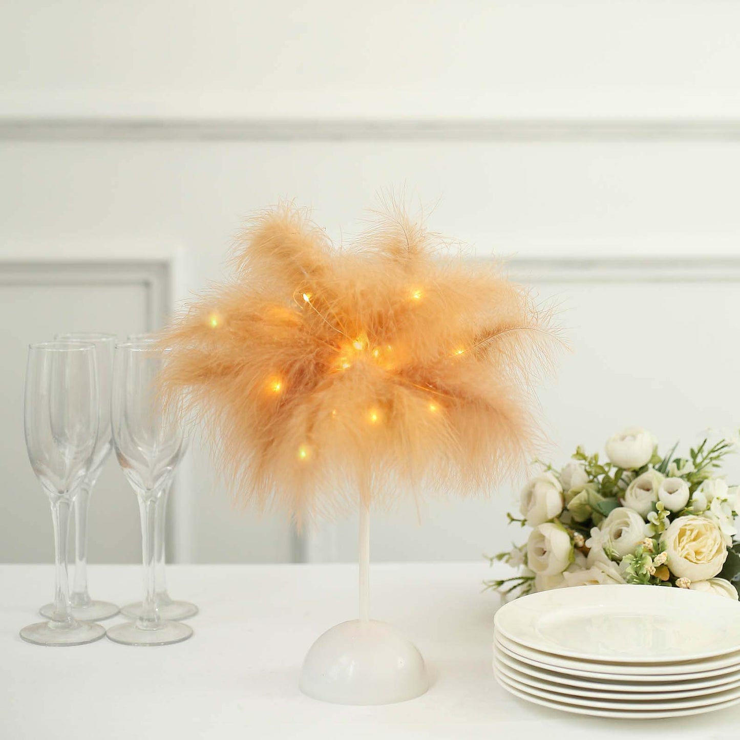 Table Lamp Feather Design Natural LED Battery Operated - Cordless Wedding Centerpiece 15"