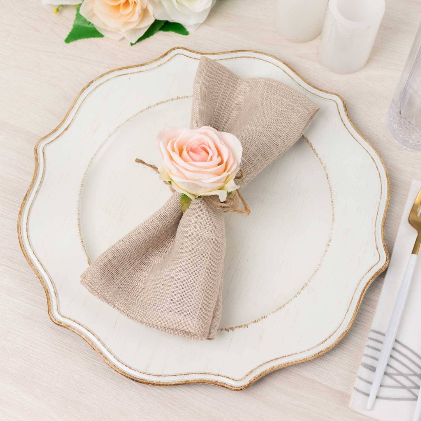 4 Pack Blush Artificial Rose Flower Wooden Napkin Holders, Farmhouse Country Floral Napkin Rings - 4"