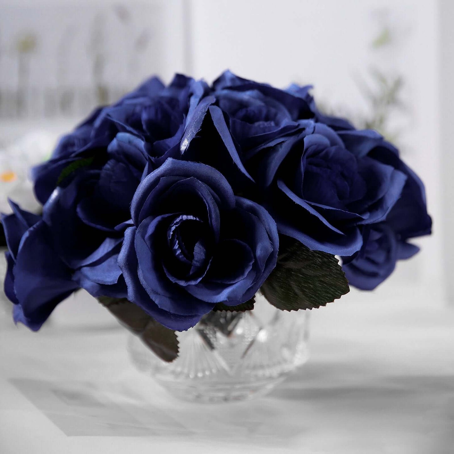 12" Navy Blue Artificial Velvet-Like Fabric Rose Flower Bouquet Bush