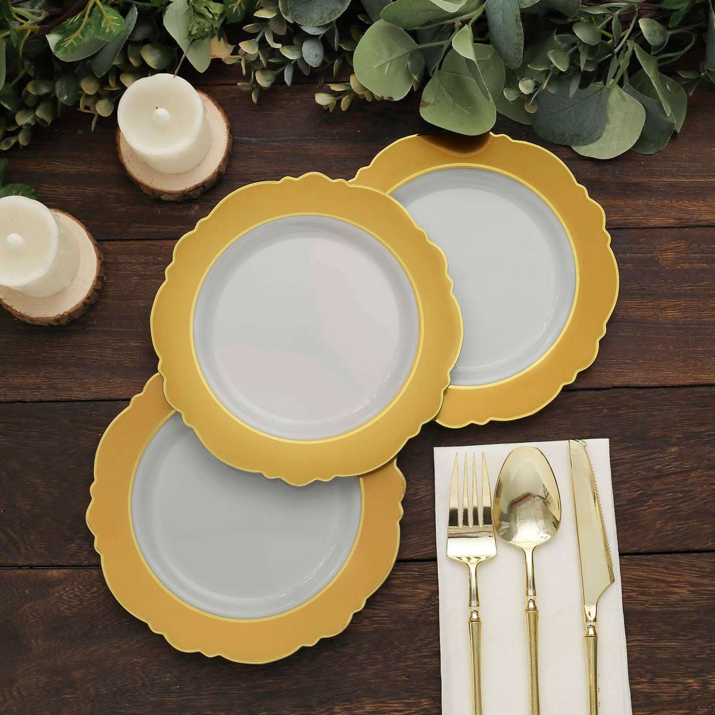 10-Pack Plastic 8" Round Dessert Plates in White with Gold Blossom Design & Gold Edging - Disposable Salad Appetizer Plates for Modern & Classy Table Decor