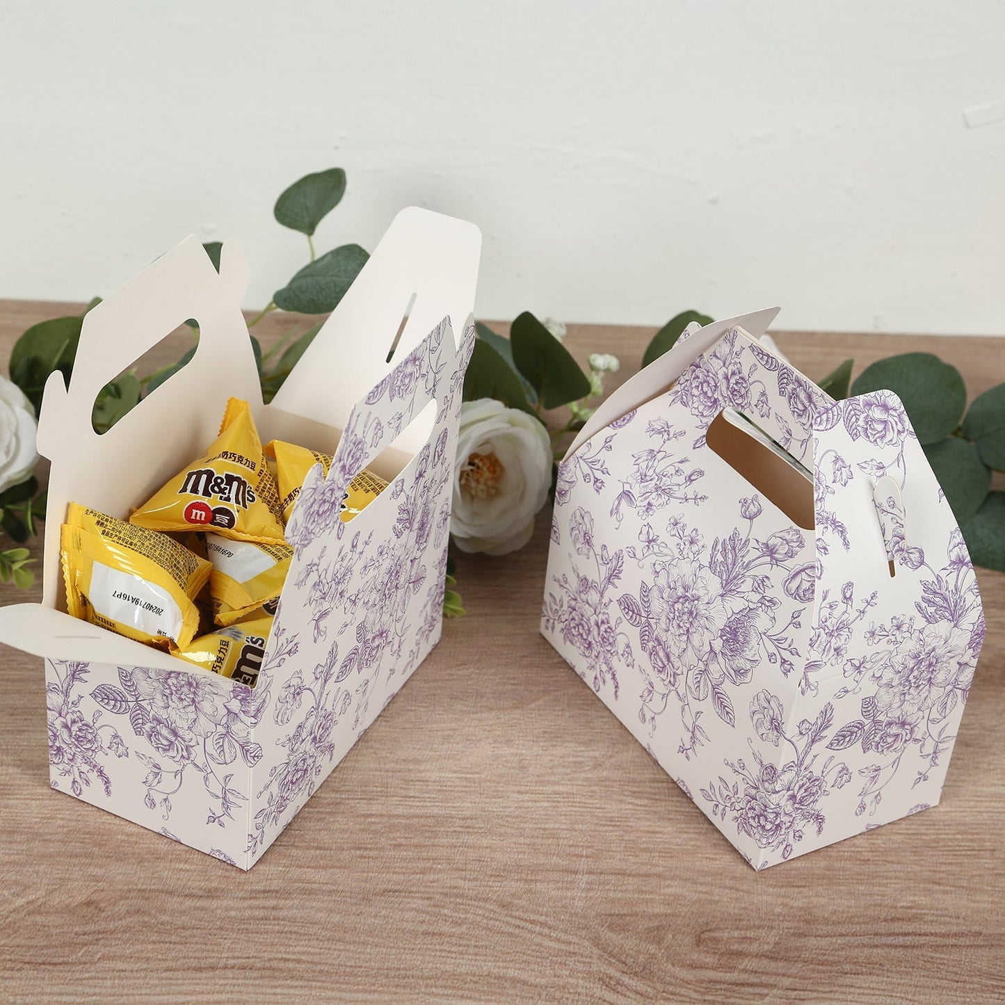 25 Pack Candy Treat Tote Boxes in French Toile Pattern - Matte Lavender and White Party Favor Gable Boxes, Cardstock Paper - 6"x3.5"x7"