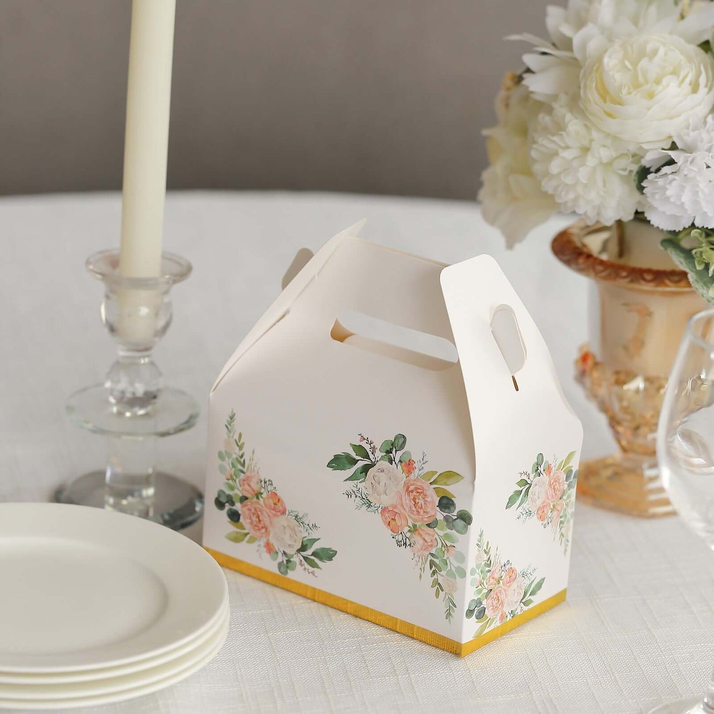 25 Pack White Pink Peony Flowers Print Candy Gift Tote Gable Boxes with Gold Edge, Party Favor Treat Boxes - 6"x3.5"x7"