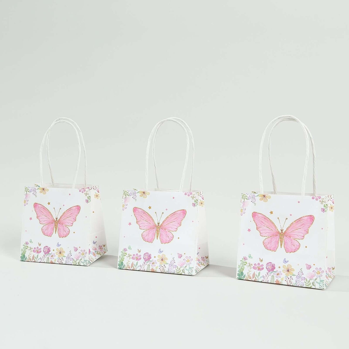 12 Pack Pink Glitter Butterfly Paper Favor Bags With Handles, Floral Print White Goodie Gift Bags - 4"x4"