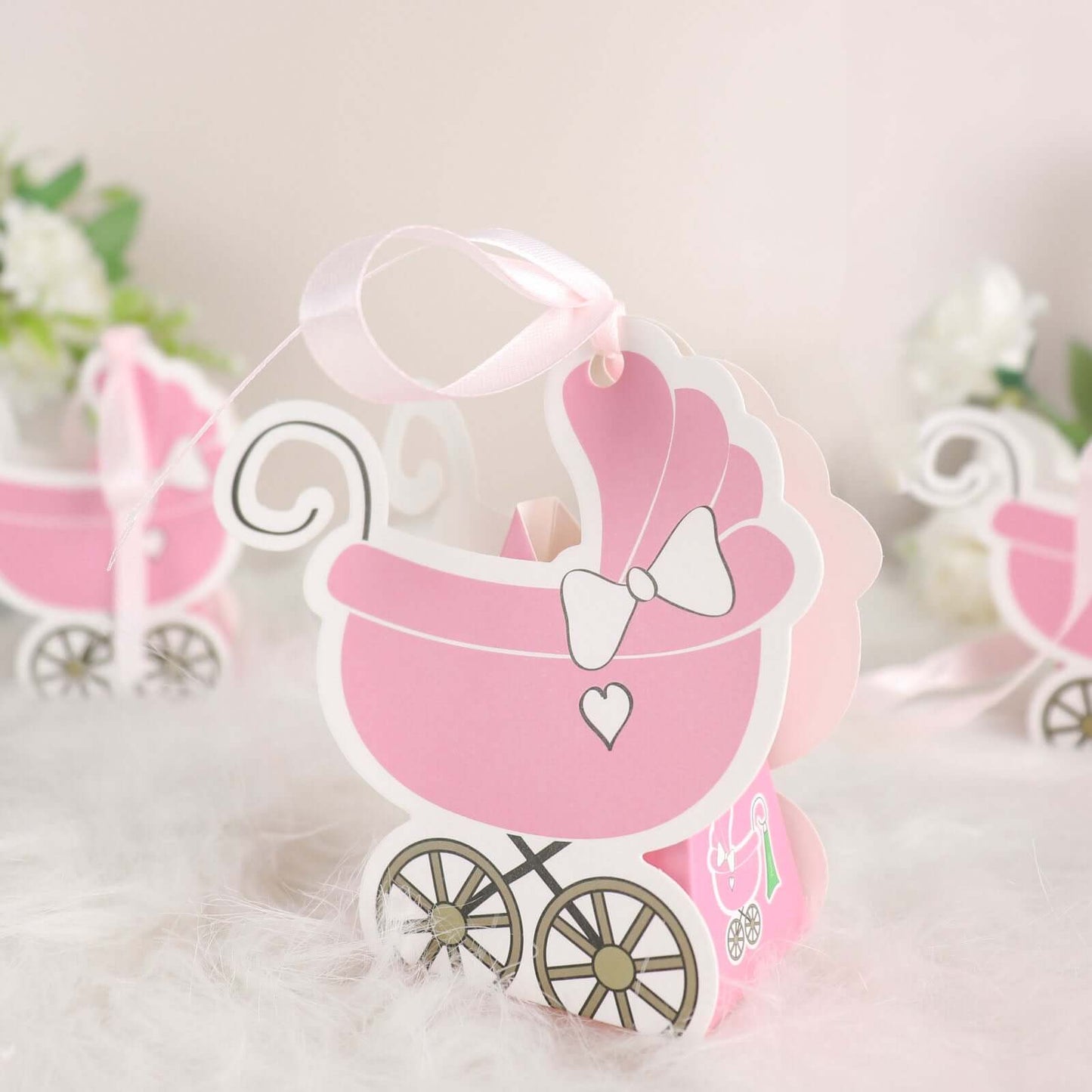 25 Pack Pink Baby Paper Stroller Party Favor Gift Boxes, Cardstock Carriage Candy Boxes with Ribbon Ties - 4.5"x2"x4"