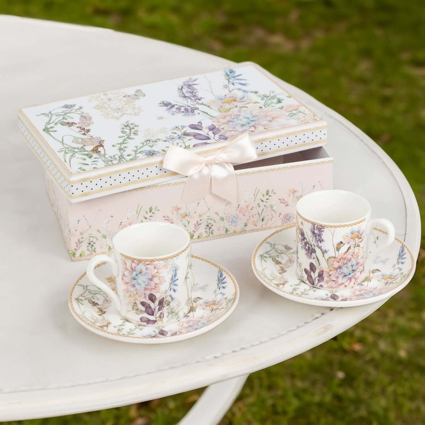 Blush Floral Design Bridal Shower Gift Set, Set of 2 Porcelain Espresso Cups and Saucers with Matching Keepsake Box