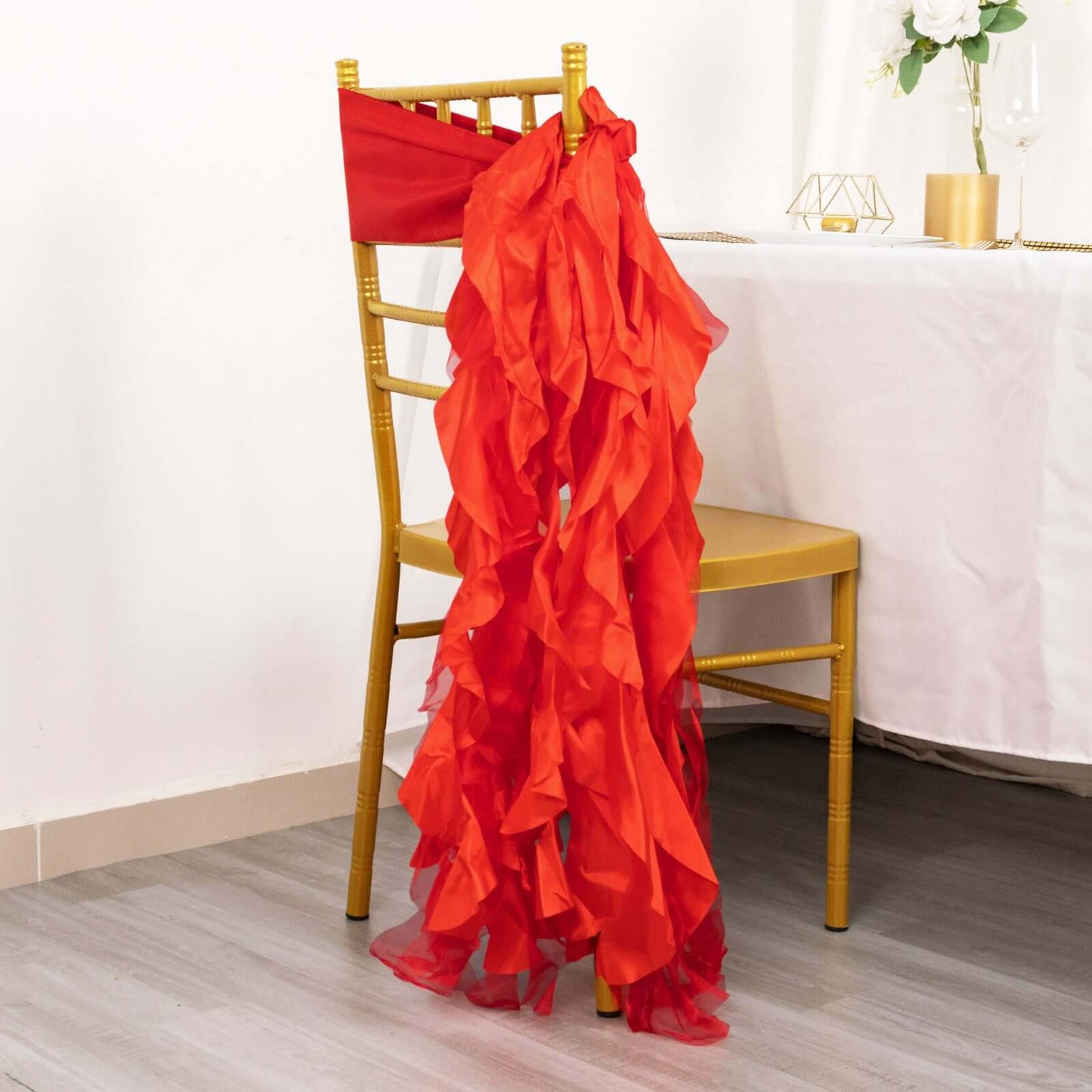 5 Pack Chiffon Satin Chair Sashes Red - Easy to Install Ruffled Curly Willow