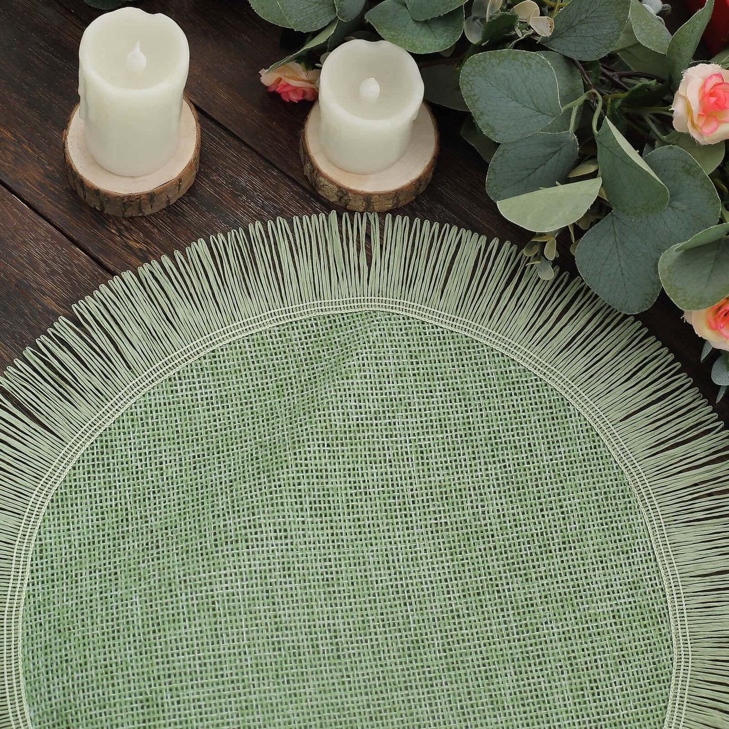 4-Pack Placemats Fringe Edge Design Sage Green Jute Round - Rustic Boho Chic Burlap Table Decor 16"
