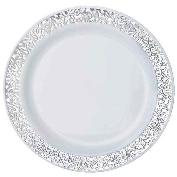 10-Pack Plastic Dinner Plates White with Fancy Silver Lace Rim - Stylish Disposable Plates for Events 10"