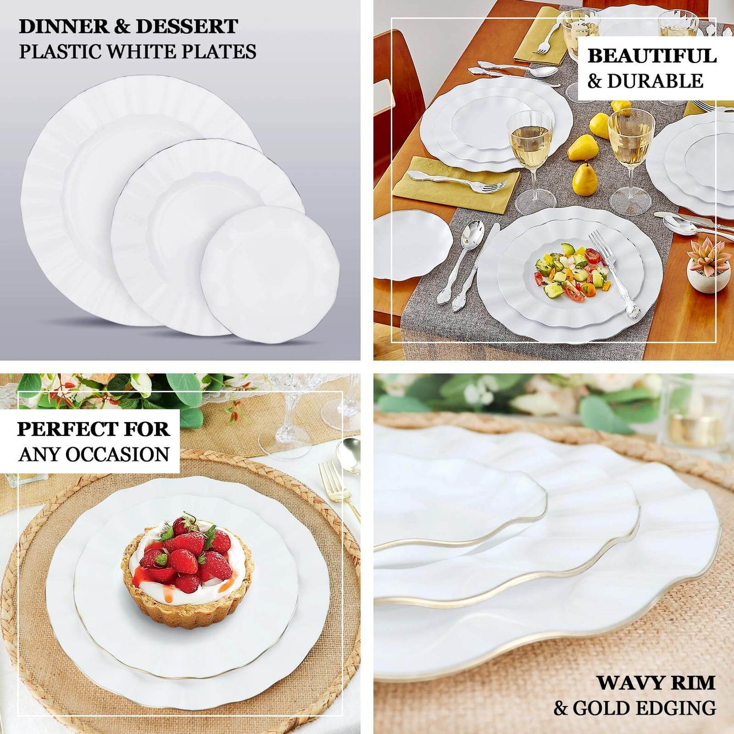 10-Pack Plastic 9" Round Dinner Plates in White Ruffled Rim with Gold Edging - Sturdy Disposable Dinnerware for Classy Events & Banquets
